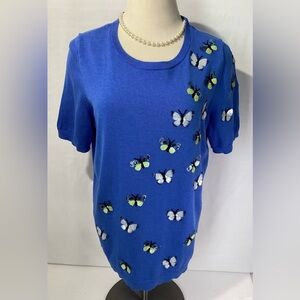 Talbots Women’s Top w Sequins Butterflies Color Blue Short Sleeves Size 1X